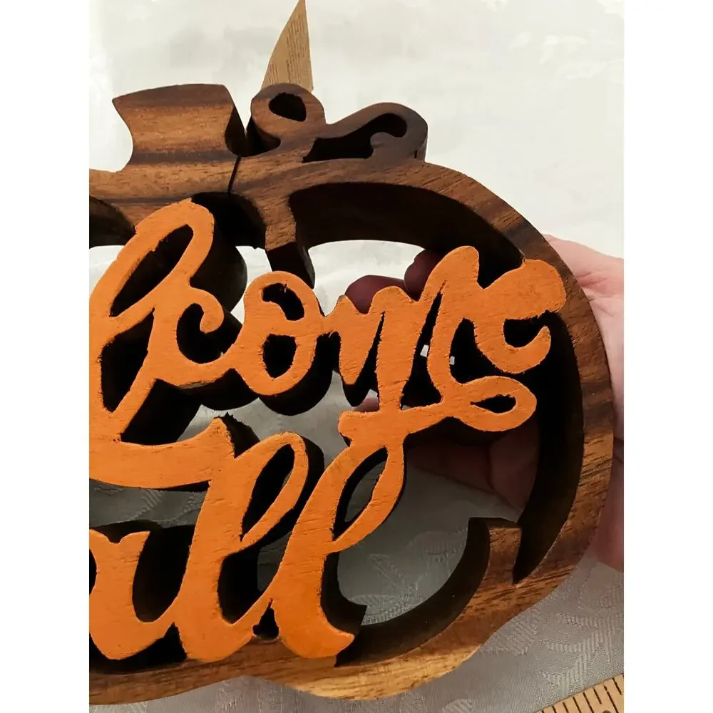 Handcrafted Acacia Wood Welcome Fall Pumpkin Decor Thailand Autumn Farmhouse